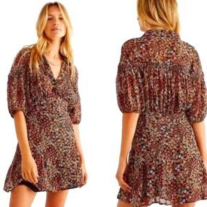 New FREE PEOPLE Bonnie Mini Dress Black Sheer Ditsy Floral Print Button Down XS